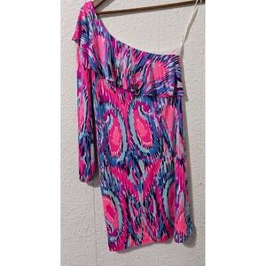 Lilly Pulitzer Amante Dress 100% Silk Jersey Free Spirit One Shoulder XS